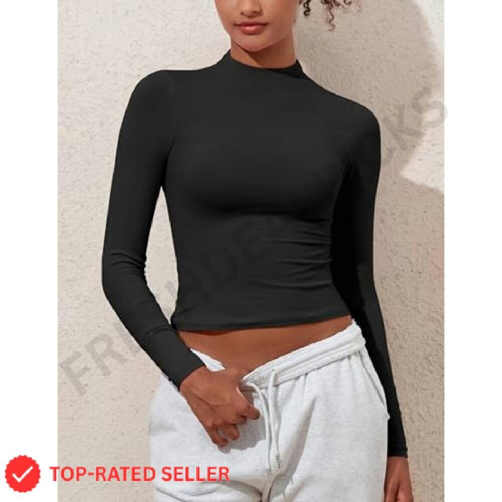 Mock Neck Long Sleeve Crop Top Cotton Fitted Y2K Chic Fall Fashion - Picture 4 of 8